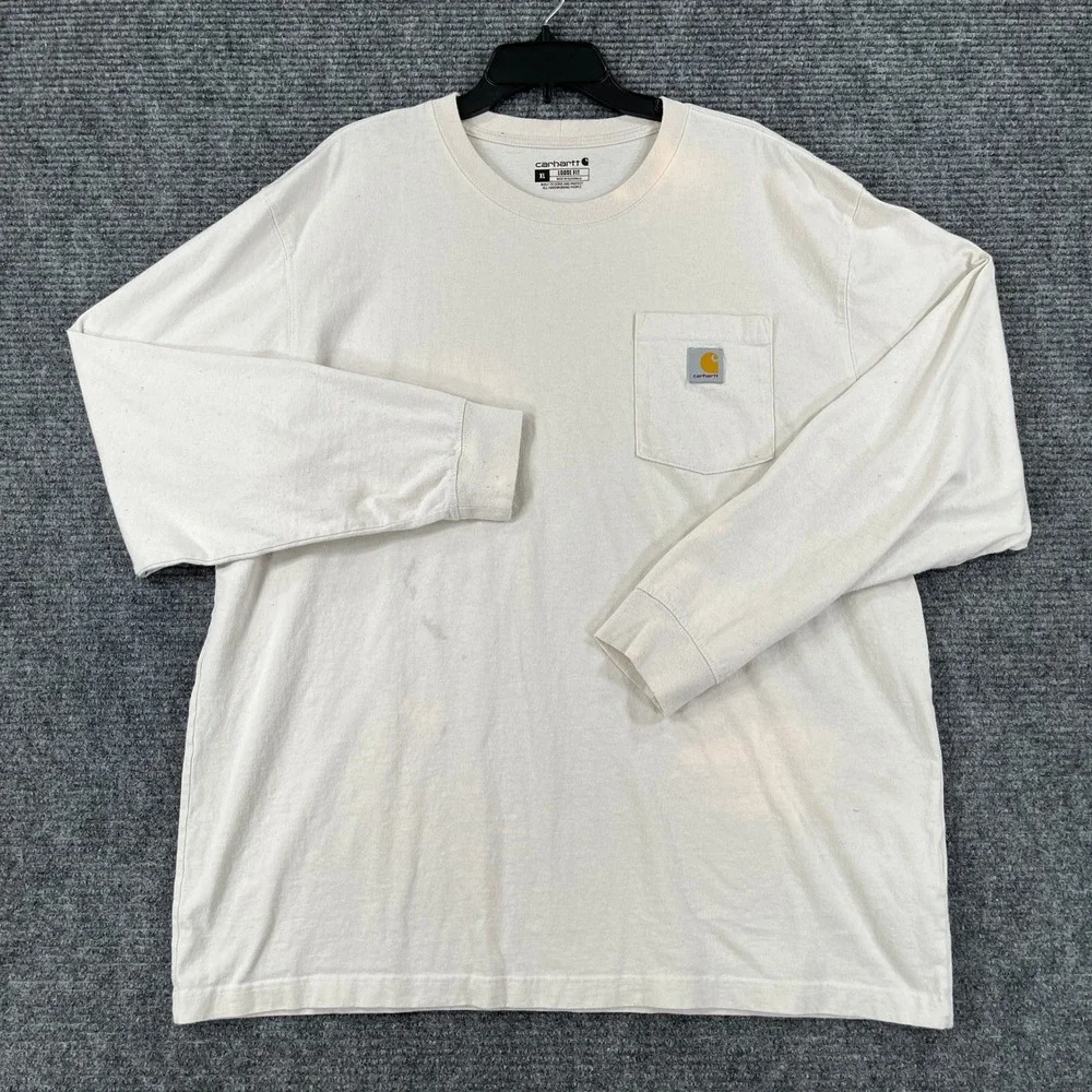 Carhartt Long Sleeve Pocket Shirt Mens XL Loose Fit Graphic Logo Cream Workwear